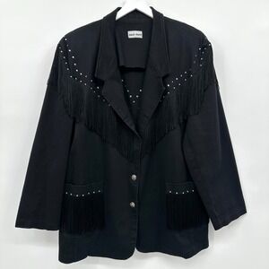 Vintage Western Glam Denim Jacket Coat Size 2X 3X Fringe Studded Shoulder Pads